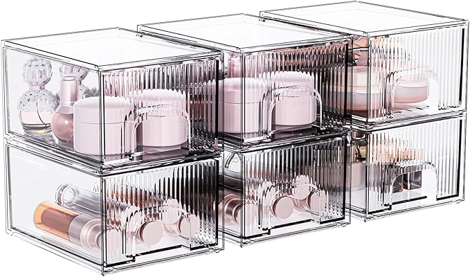 ZHIAI 6 Pack Clear Stackable Storage Drawer, Acrylic Drawer, Cosmetic Organizer, Plastic Organizer for Dresser, Under, Kitchen Cabinet, Pantry, Home Organization and Storage