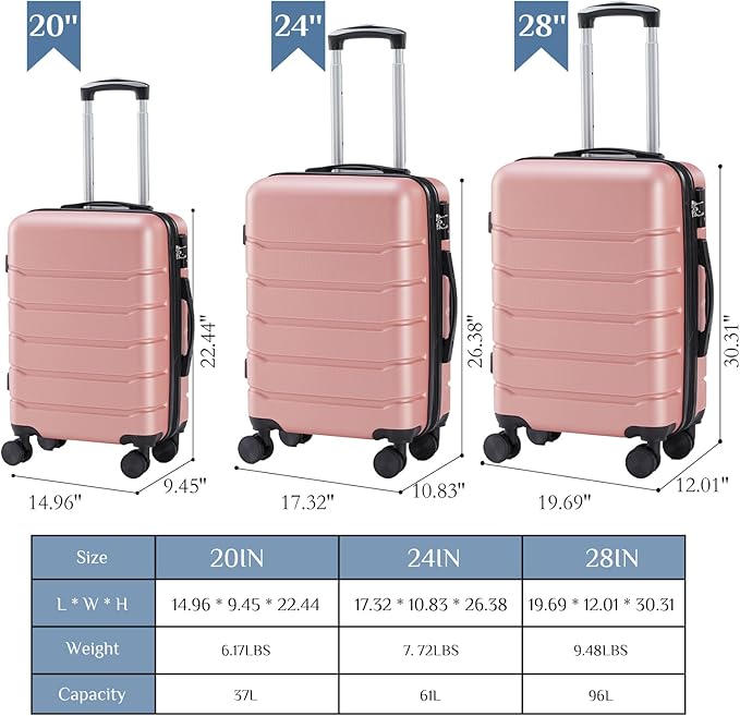 OLIXIS 3-Piece Luggage Set, Carry On Suitcases with Spinner Wheels, Expandable Travel Luggage with TSA Approved Lock & ABS Hard Shell, Pink(20/24/28 Inch)