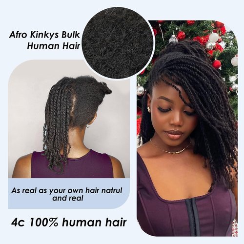 Afro Kinkys Bulk Human Hair,22 Inch 50g/Pack Afro Kinky-Curly Human Hair Bulk for Mini Twist,4c Auburn Brown Bulk Human Braiding Hair For Micro,Crochet,Repair, Dreadlocks,Locs Extensions #30