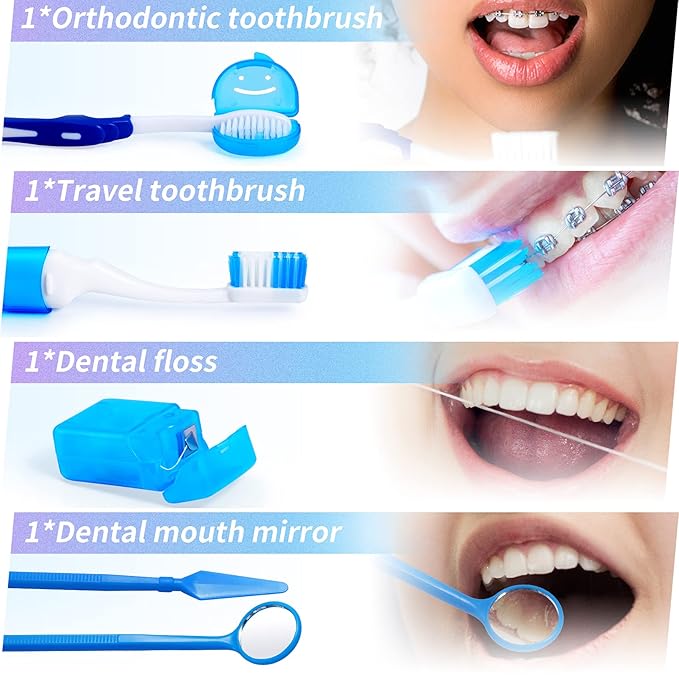 Annhua Braces Kit Cleaning 8 Pack for Orthodontic, Portable Tooth Cleaning Tools Family Oral Care Hygiene Set, Interdental Brush, Ortho Wax, Floss, Oral Mirror Included - Blue