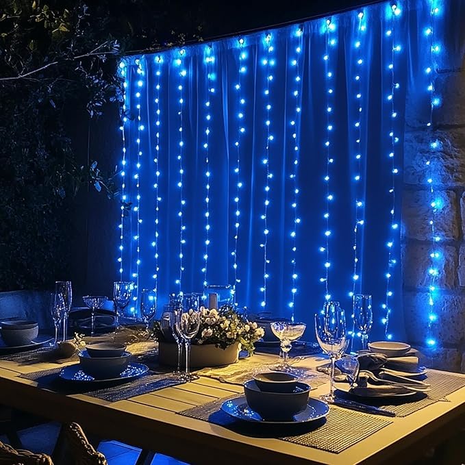 Dazzle Bright 300 LED Curtain String Lights, Christmas Fairy Lights for Bedroom with 8 Lighting Modes, Connectable Waterproof Window Lights Party Wedding Garden Wall Decor, Blue