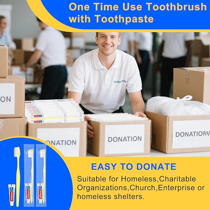 Yellow Disposable Toothbrushes with Toothpaste - Pack of 30,Individually Wrapped Single Use Travel Toothbrushes Kit Bulk for Homeless,Guests,Hotel,Dentist