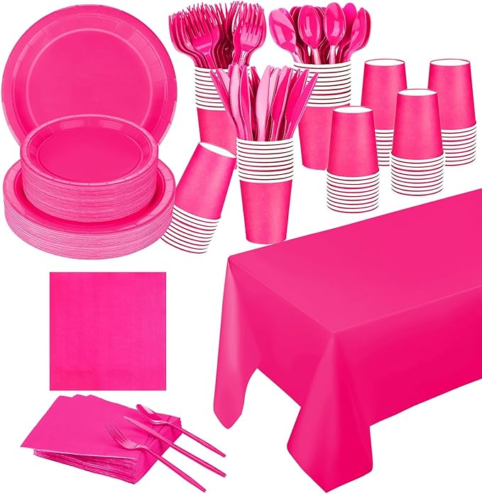 TWOWYHI 229PCS Hot Pink Party Supplies Set - Paper Disposable Plates Cups Plastic Spoons Forks Knives Napkins Serve 30 Guests