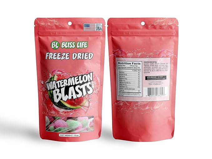 Bliss Life Watermelon Freeze Dried Melon Fruit Candy from TikTok, ASMR Crunchy Candy, Spicy Sweet and Sour Kids Snacks, Unique Novelty Snack for Kids 1.5oz