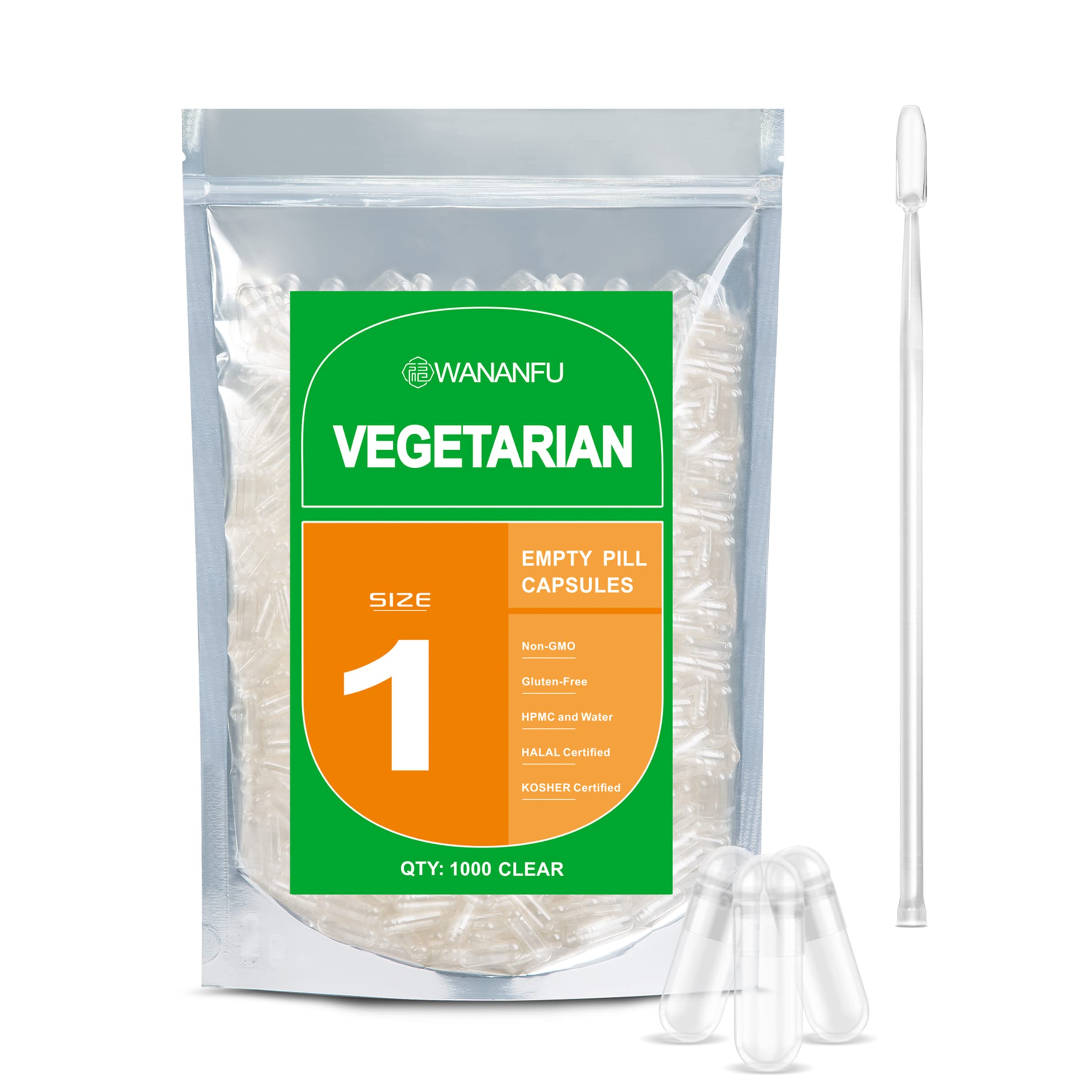wananfu Size 1 Empty Capsules Vegetarian (1000 Count) Bundle with Micro Lab Spoon, Clear Fillable Veggie Pill Capsules Size 1 for Making Your Own Supplements