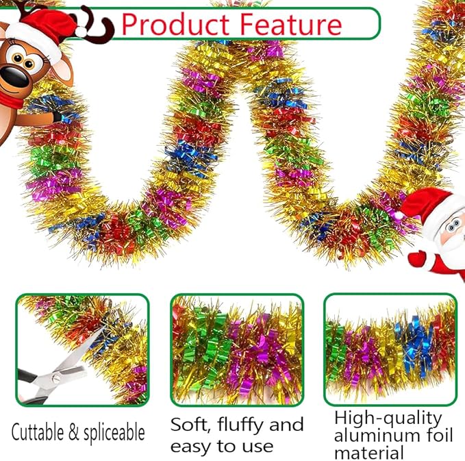 33 Ft Christmas Tinsel Garland Shiny Thick Metallic Twist Foil Xmas Tree Decorations for New Year Parties Birthday Party Teachers Day Easter Parade Floats Indoor Outdoor Hanging Decor Supplies