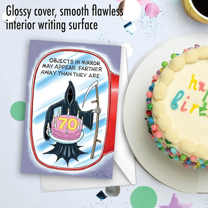 NobleWorks - 70th Milestones Birthday Blank Greeting Card with 5 x 7 Inch Envelope (1 Card) - Objects in Mirror 70 4849K