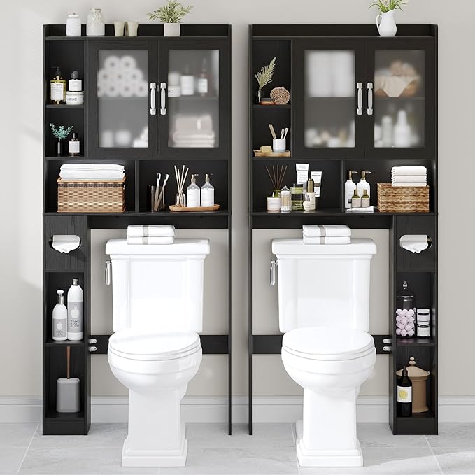 Vabches Over The Toilet Storage Cabinet, Farmhouse Storage Cabinet Over Toilet with Acrylic Doors，Home Space-Saving Toilet Rack, for Bathroom, Restroom, Laundry, Black