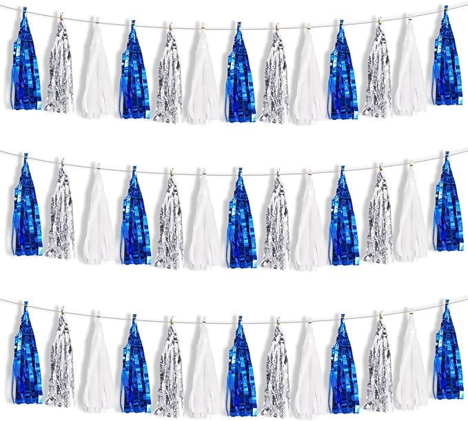 BEISHIDA 3 Packs Blue Silver White Metallic Foil Fringe Tassel Garland, Tassels Banner Streamers for Car Floats Graduation Bachelorette Birthday Baby Shower Wedding Christmas Holiday Party Decoration