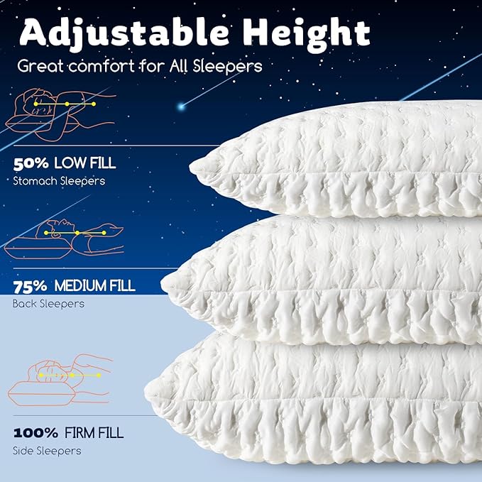 Cooling Side Sleeper Pillow for Neck and Shoulder Pain, Luxury Shredded Memory Foam Curved Bed Pillows for Sleeping Set of 2- Adjustable King Size- Washable Cover Crescent White