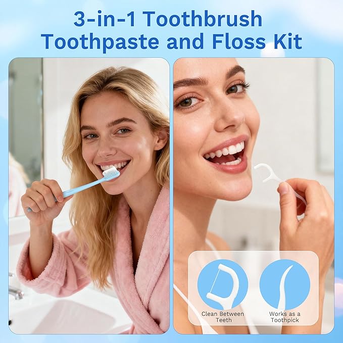 Disposable Toothbrushes with Toothpaste, Travel Toothbrush Kit, Individually Packaged, Light Blue, with Floss Picks, Suitable for Hotel, Home, Camping, Travel (50-Pack)