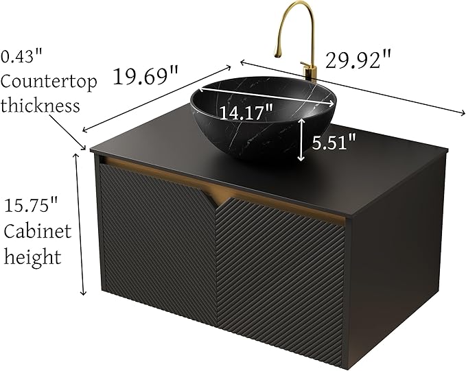 30 Inch Bathroom Vanity with Sink, Floating Fluted Vanity with Vessel Sink, Modern Bathroom Vanity Cabinet with 2 Doors, Bowl Vessel Sink & Sintered Stone Top, Black