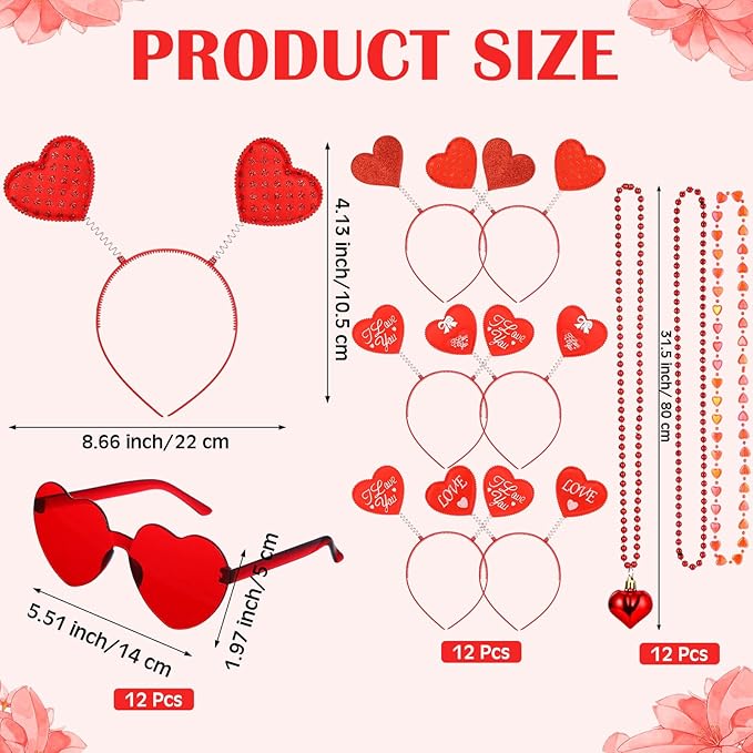 Kanayu 36 Pcs Valentine's Day Accessories Set Include 12 Heart Headbands 12 Glasses and 12 Heart Beaded Necklace for Valentine Props Party Costume Supplies Accessory(Red)