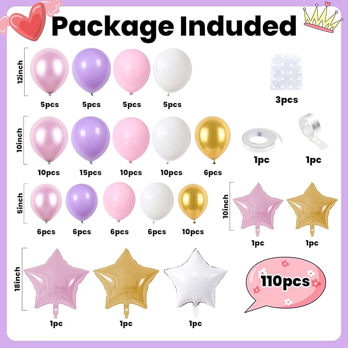 FunHot Pink Purple Balloon Arch Kit, Princess Balloon Garland, Pastel Pink Purple White Balloons Metallic Gold Star Foil Balloons for Girls Baby Shower Wedding Bridal Shower Birthday Party Decoration