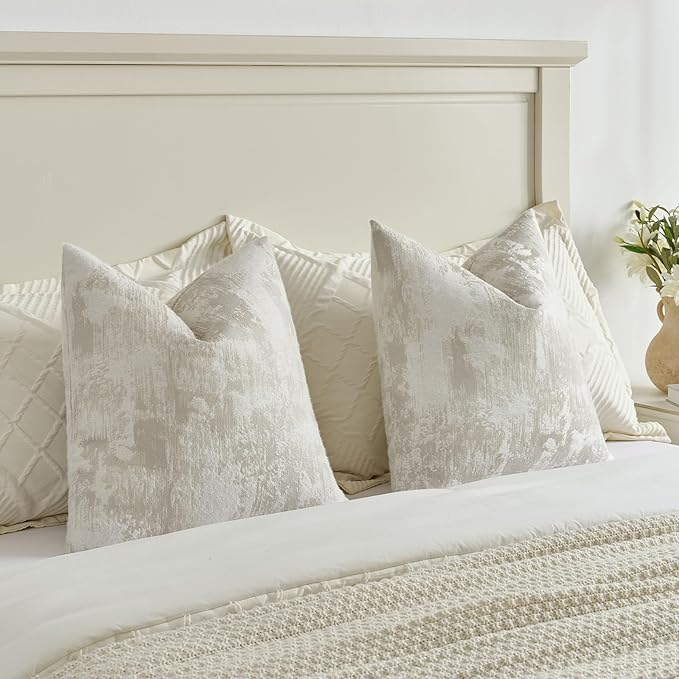 FUTEI Beige White Decorative Throw Pillow Covers 26x26 Inch Set of 2,Soft Faux Cashmere Jacquard - Textured & Cozy Euro Pillow Shams,Modern Home Decor for Couch Bed Living Room