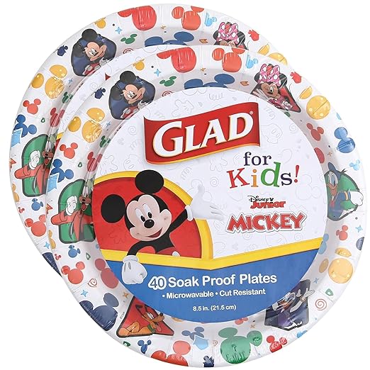 Glad for Kids Disney Mickey and Friends Disposable Paper Plates for Snacks and Meals, Heavy Duty Soak Proof Cut Resistant Microwave Safe Kids Plates, Party Pack, 8.5 Inch, 40 Count - 2 Pack