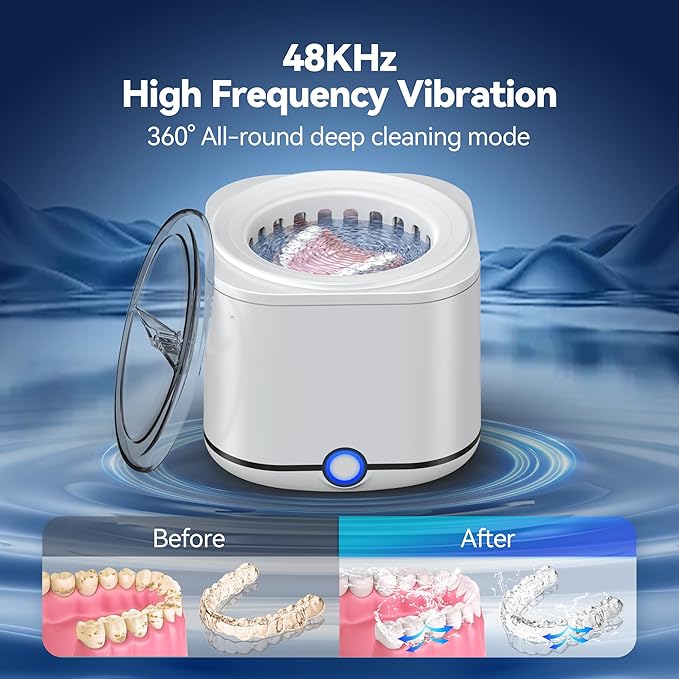Ultrasonic Retainer Cleaner, 48kHz Retainer Cleaner Machine for Dentures, Mouthguard, Braces, Night Guard, Toothbrush, Jewelry with 7.8OZ Dental Cleaning Pod-Cool White