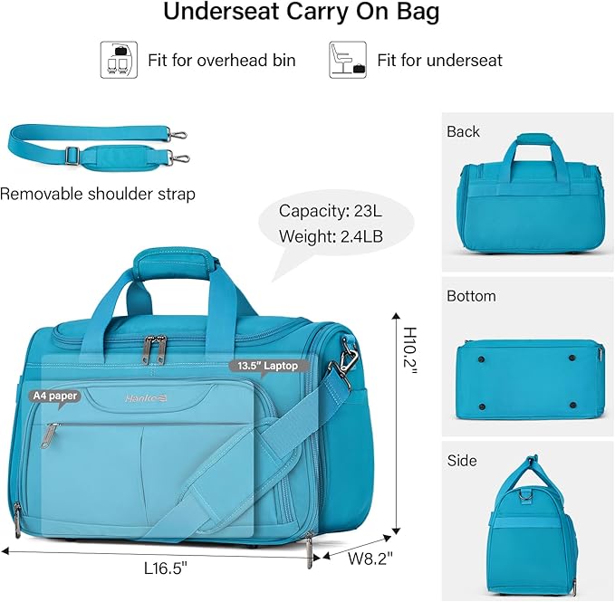Hanke Foldable Underseat Carry On luggage Bag, Travel Tote Bag for Women & Men, Personal Item Travel Bag Softside Lightweight Luggage Bags for Travel Flight Crew Overnight Weekender.(Caribbean Blue)