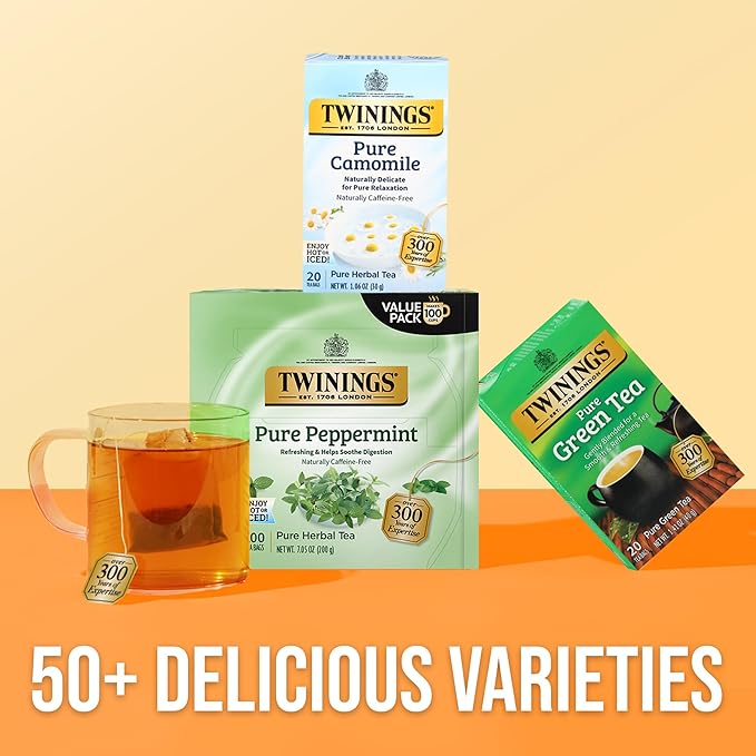 Twinings Pure Peppermint Herbal Tea Individually Wrapped Bags, 100 Count (Pack of 1), Fresh Minty Flavour, Naturally Caffeine-Free, Enjoy Hot or Iced, 100 Teabags