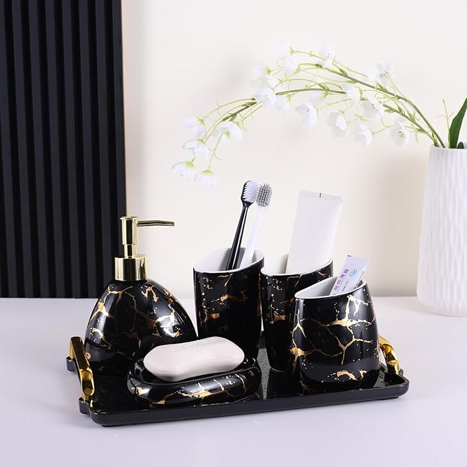 Black Bathroom Accessories Set,Gold Marble Look Bathroom Decor,Modern 6 Piece Bathroom Accessory Set,Complete with Soap Dispenser,Toothbrush Holder,Tumbler,Tray Countertop