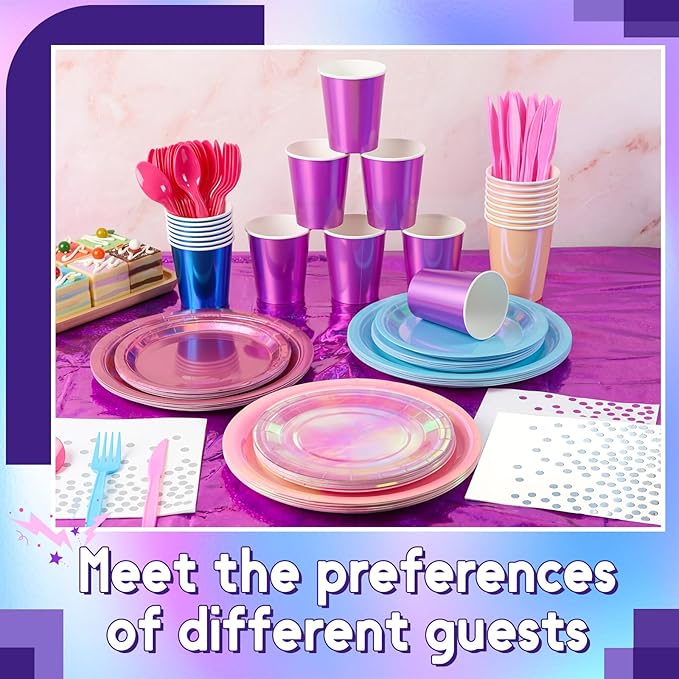 Iridescent Plates and Napkins Party Supplies Set for 25 Guests,Purple Disposable Tablecloth,Disco Style Plates for Birthday & Trendy Celebrations