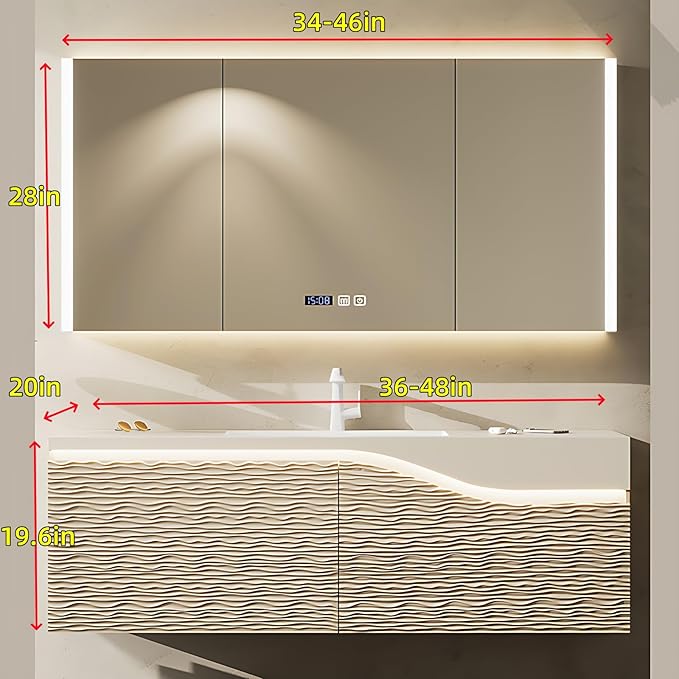 44in Elegant Modern Luxury Bathroom Vanity with Sink - Wall Mounted Solid Wood Cabinet & Smart LED Defogging Mirror | Single Sink Bathroom Cabinets