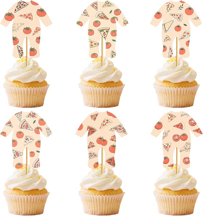 24PCS Pizza Onesie Baby Shower Cupcake Toppers Pizza Baby Shower Decorations Pizza Party Decorations for Cake Decor