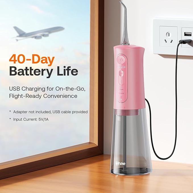 Bitvae Water Dental Flosser Teeth Picks, Cordless Portable Oral Irrigator, Powerful and Rechargeable Oral Irrigator, Brace Care, IPX7 Waterproof Water Dental Picks for Cleaning, Quartz Pink