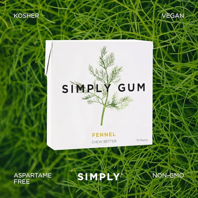 SIMPLY Gum Fennel, Plastic-Free Natural Chewing Gum, 6 Pack (90 Pieces) | Vegan, Kosher, Non GMO, Aspartame Free and Sorbitol Free