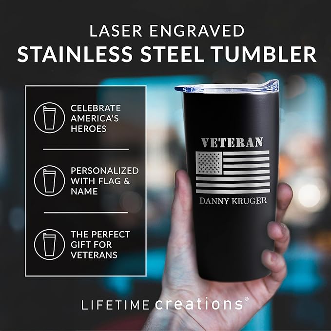 Lifetime Creations Engraved Personalized Veteran Tumbler 20 oz (Black) with American Flag - Custom Veteran Gift for Veterans Day Event, Insulated Stainless Steel Coffee Travel Mug