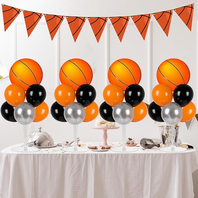 4 Sets Basketball Party Balloons Stand Kit with Basketball Foil Balloons Sport Theme Party Ball Balloon Centerpiece for Tables for Sports Themed Birthday Baby Shower Decoration