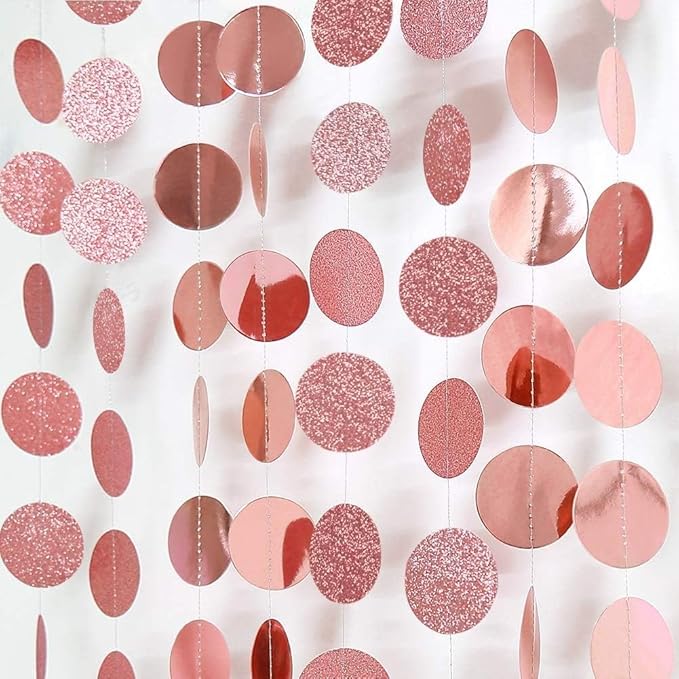 Cheerland Glitter Rose Gold Circle Dot Garlands for Christmas Decorations Rose Gold Party Decorations Hanging Banner Streamer Backdrop Decor Bday Bridal Shower Bachelorette EID Graduation Supplies