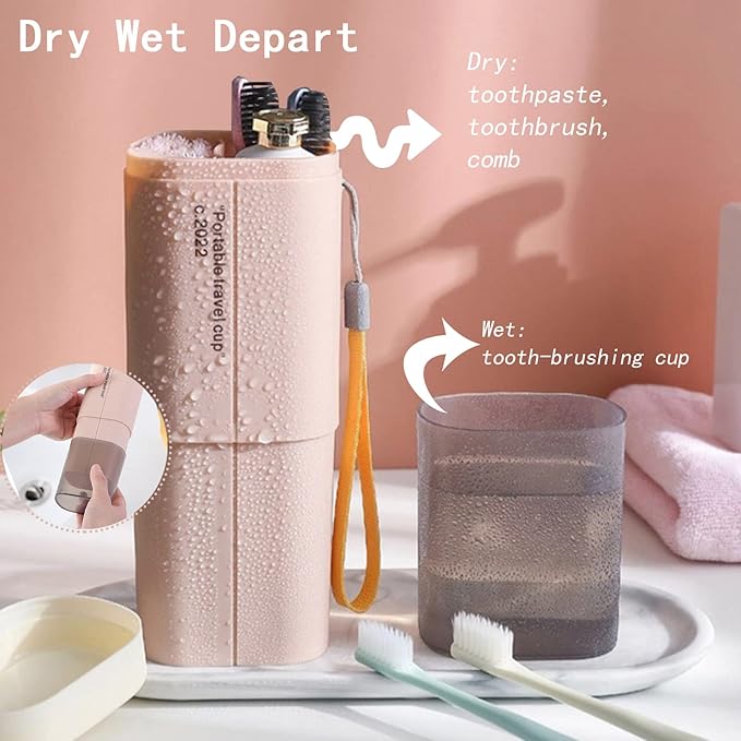 Portable Travel Toothbrush Holder, Toothpaste Set with Cup, Multifunction Toothbrush Case for Travel, Camping, School, Business and Daily Use (Pink)