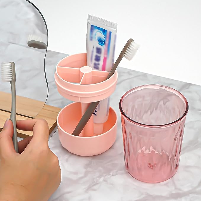 Toothbrush Holder Stand with Cup/Cover, Adjustable Height Toothbrush Organizer with 3 Slots, Portable for Bathroom, Travel, Camping (Pink)