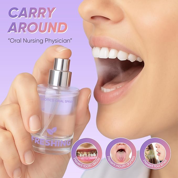 Probiotic Oral Spray, Mint & Peach Flavor Combo, Breath Spray with Prebiotics and Probiotics, Long-Lasting Freshness, Alcohol-Free, Convenient Travel-Sized, 25ml/0.85oz