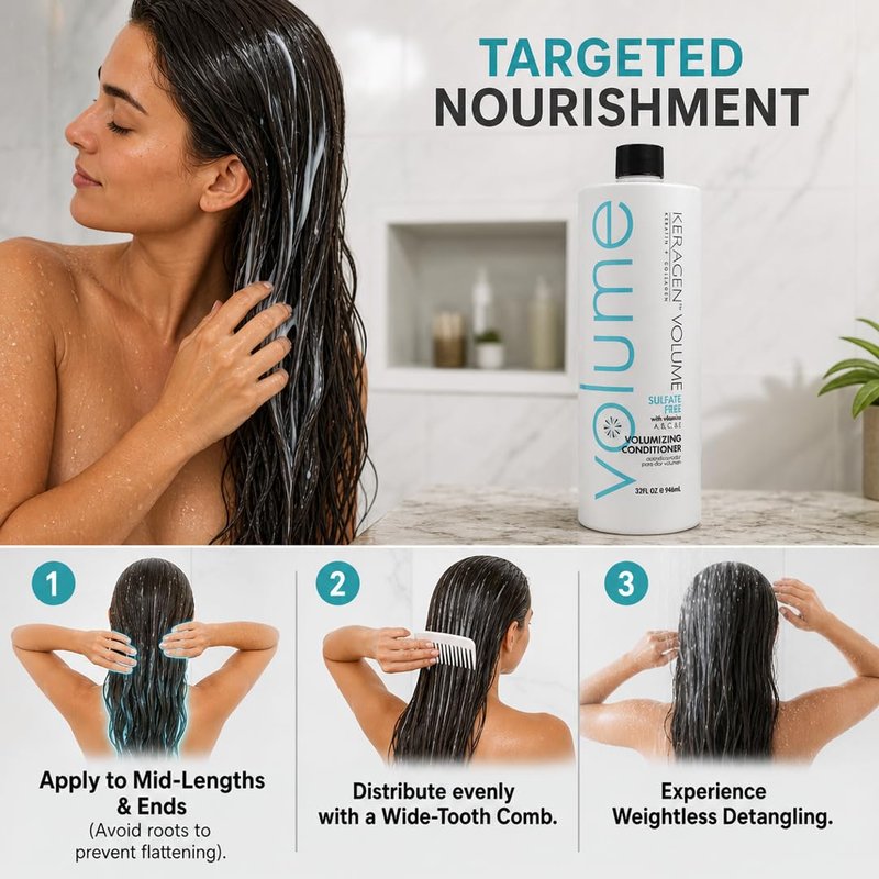 KERAGEN Volumizing Conditioner – Keratin & Collagen Matrix for Fine, Color-Treated & Chemically Processed Hair | Sulfate-Free, Paraben-Free | Panthenol, Jojoba Oil | Made in USA | 32 oz