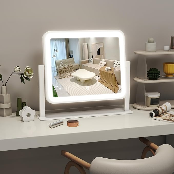 14"x12"Vanity Mirror, Lighted Makeup Mirror for Vanity Desk, Smart Touch Control, 360° Rotation, 3-Color Modes, Bedroom, White