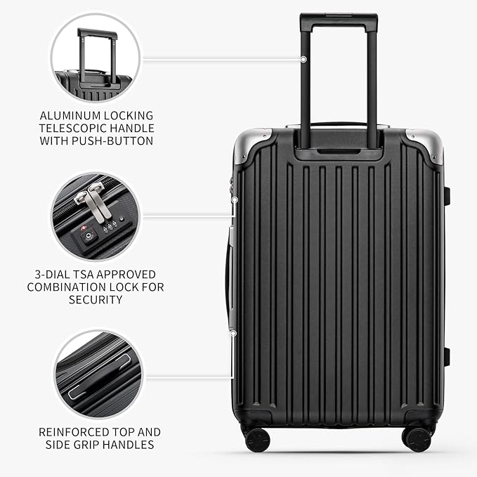 LEVEL8 Grace Luggage Sets Hardshell Suitcase with Wheels, Sturdy Large Suitcase Tsa Lock 20 Inch Expandable Carry on 24 Inch 28 Inch Checked Luggage, 3-Piece Set (20/24/28), Black