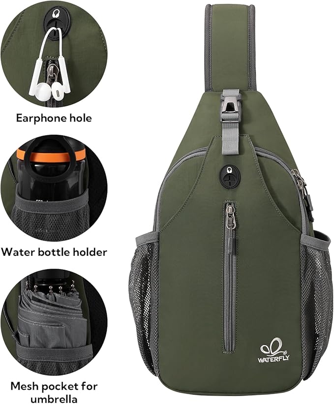 WATERFLY Crossbody Sling Backpack Sling Bag Travel Hiking Chest Bags Daypack (Dark Green)