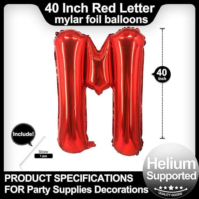 40 Inch Red Letter M Balloons, DIY Phrase Foil Alphabet Letter M Balloons DIY Word M Banner for Birthday Anniversary Celebration Graduation Party Supplies Decoration