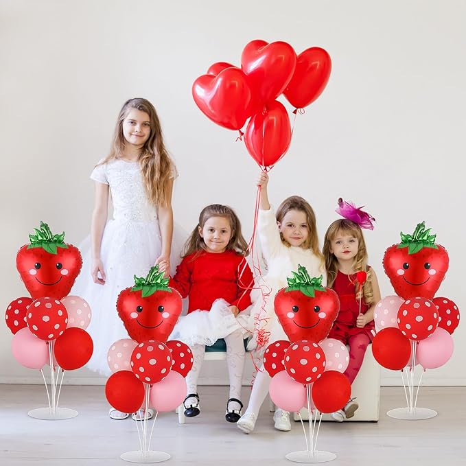 4 Sets Strawberry Party Balloons Stand Kit with Strawberry Foil Balloons Sweet 1st Party Balloon Centerpiece for Tables for Girls Birthday Baby Shower Decoration