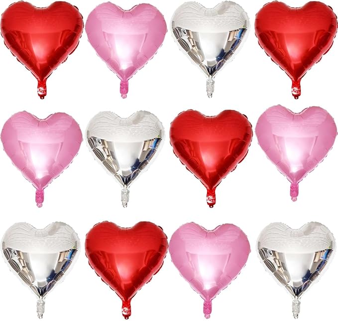 Lovoir 12 Pcs Red Heart Shape Foil Mylar Balloons 18 Inch Love Balloons for Valentine's Day Birthday Party Decorations Wedding Engagement Romantic Decor (Pearl Pink & Red & Silver)