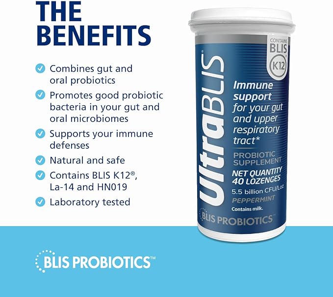 BLIS UltraBLIS Probiotic Immune Support - Gut & Oral Health, K12, Peppermint - 40 Lozenges