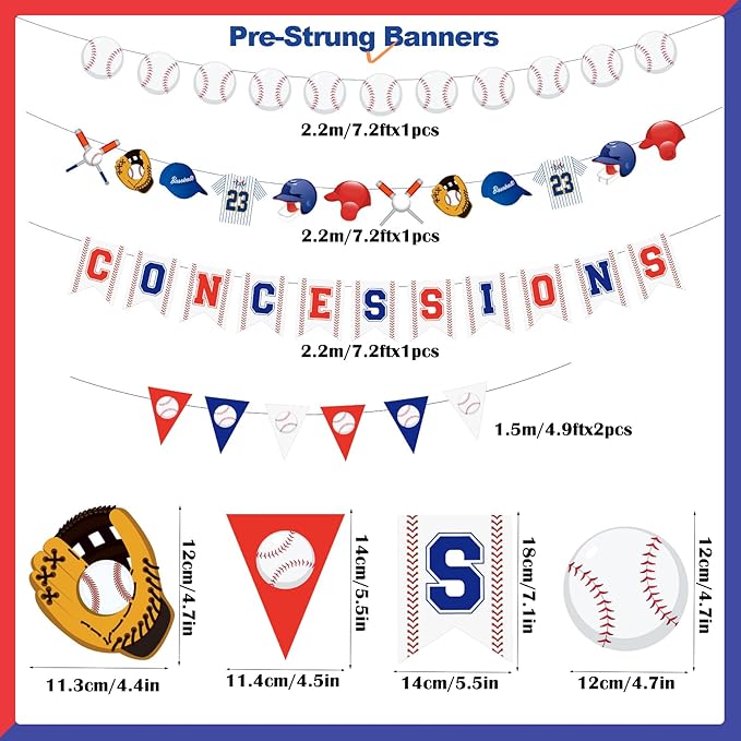 Pre-Strung Baseball Party Decorations with Concessions Banner, Sports Themed Birthday Supplies, Triangle Bunting Pennant Flag