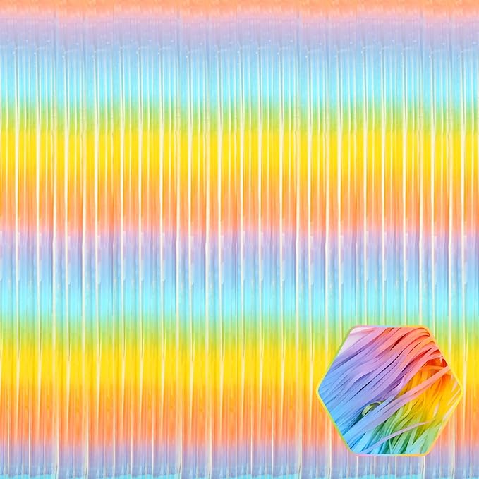 3 Pack Light Raainbow Foil Fringe Curtain Backdrop, 3.28Ft x 6.6Ft Metallic Tinsel Foil Fringe Streamer Curtains for Photo Booth, Christmas Day, Thanksgiving, Wedding, New Year Party Decorations