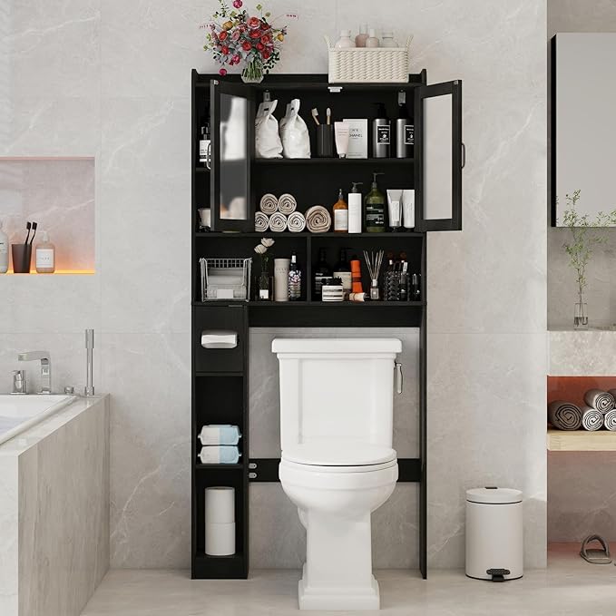 Vabches Over The Toilet Storage Cabinet, Farmhouse Storage Cabinet Over Toilet with Acrylic Doors，Home Space-Saving Toilet Rack, for Bathroom, Restroom, Laundry, Black