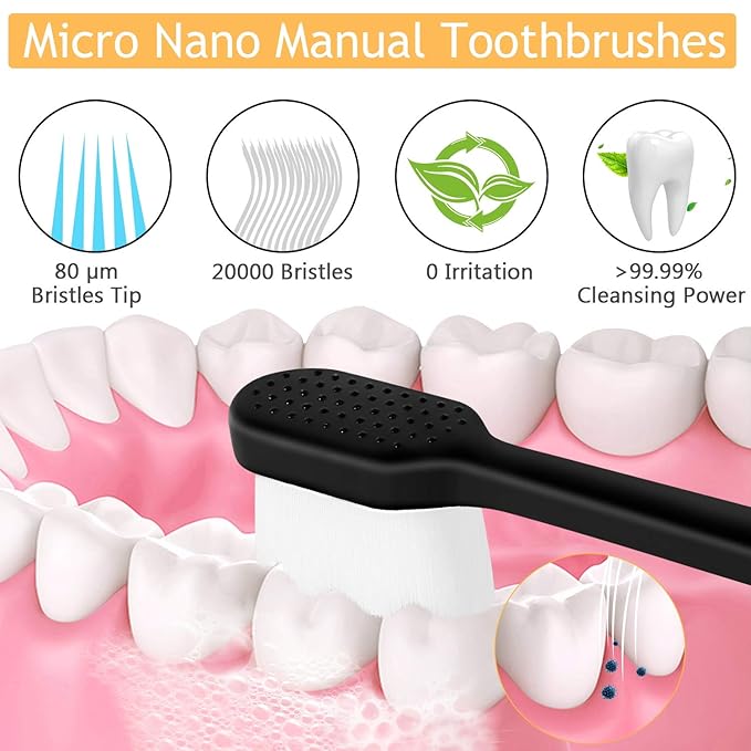Adult Extra Soft Toothbrush with 20000 Soft Bristles, (Pack of 6) Micro Nano Manual Toothbrushes for Protect Sensitive Gums - Black