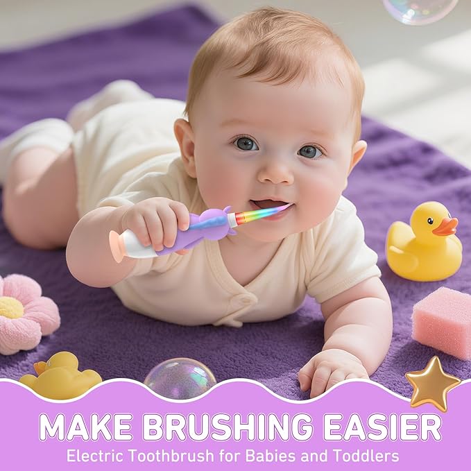 YUNCHI Toddler Electric Toothbrush Kids 0-3-6 Years, Baby Electric Toothbrush with Colorful LED Light, Battery Powered Toddler Toothbrush with 2 Minutes Timer 4 Brush Heads, Infant Toothbrush (Purple)