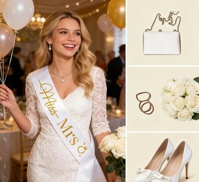 Bride to Be Sash, White Bachelorette Hen Party Decorations with Gold 'Miss Mrs', Funny Bridal Shower Gifts for Women, Future Wifey Engaged Era Supplies, I Said Yes Wedding Proposal Favors