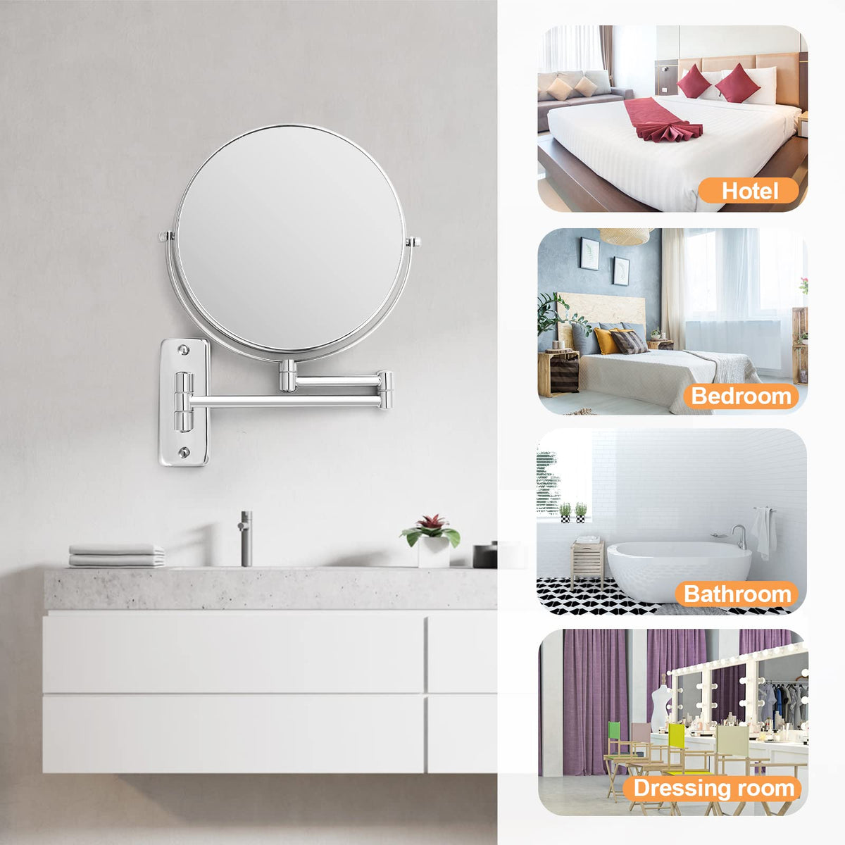 FFowcye 8” Wall Mounted Makeup Mirror - 1X/10X Double Sided Magnifying Bathroom Mirror, 360° Swivel Extendable Vanity Shaving Mirror with Adjustable Arm for Bathroom, Chrome（No Light）